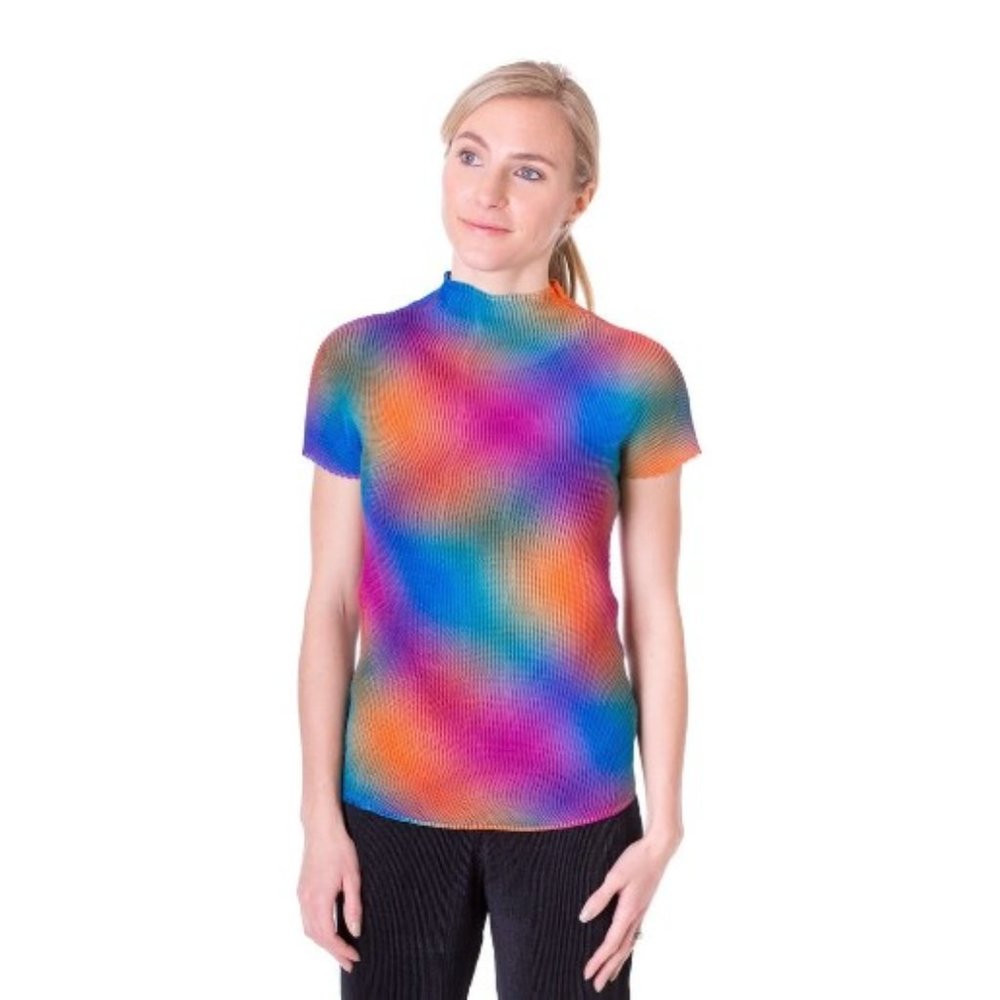 Veeca High Neck Short Sleeve Crinkle Top - Rainbow - Size M/L